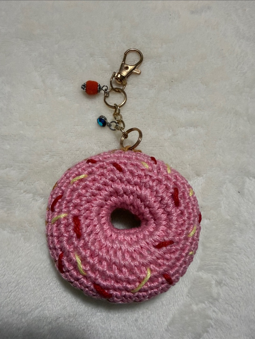Handmade Pink Crochet Donut Keychain with Charms